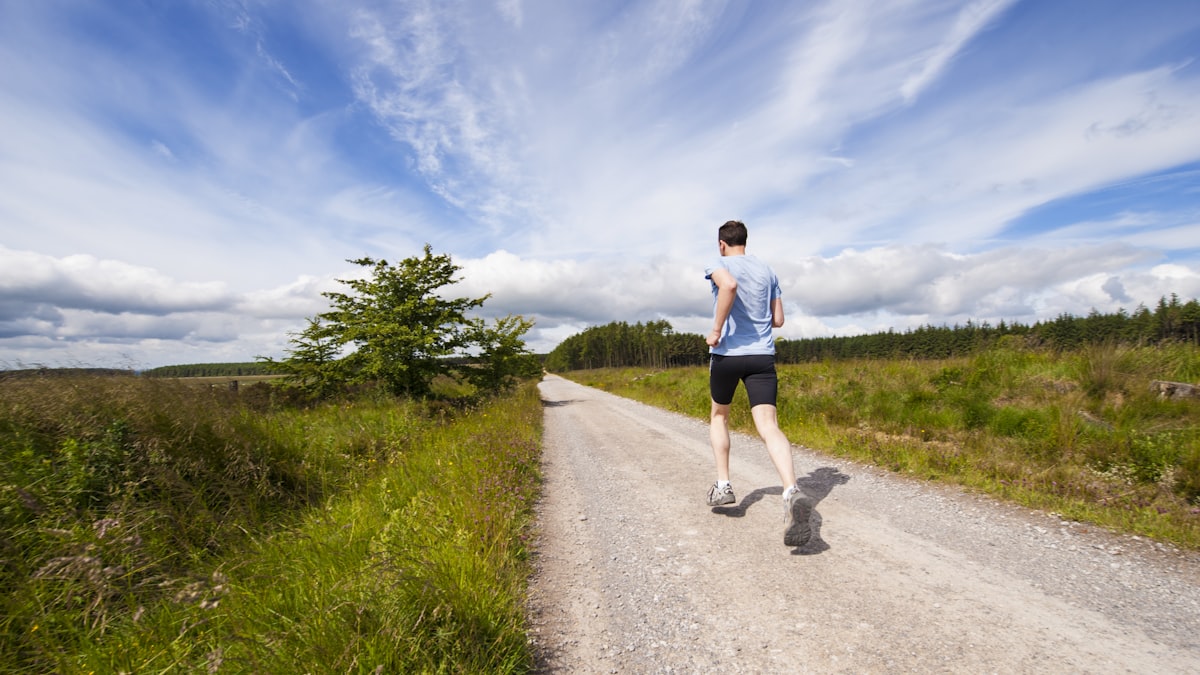 Runner training outdoors along a countryside road under daylight